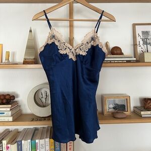 Blue Satin Tank with Cream Lave Trim - m